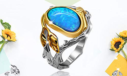 Uloveido Women's Antique Craft Oval Cut Created Blue Fire Opal Leaf Tree Ring Infinity 2 Tone Split Shank Wedding Engagement Ring for Women RA5033