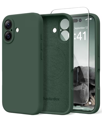 Image of Magnetic for iPhone 16 Case, Compatible with MagSafe, [Screen Protector + Full Camera Protection], Silicone Shockproof Anti-Scratch Protective Phone Case for iPhone 16 6.1 inch, Alpine Green