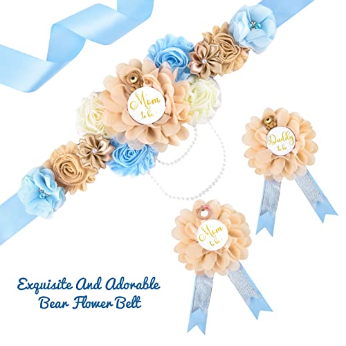 Sussurro Teddy Bear Maternity Sash Mom To Be & Daddy To Be Corsage Pin Set Blue Flower Baby Shower Sash Belly Belt Gift For Gender Reveal Bear Baby Shower Decorations #TOP2