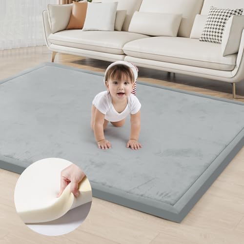 Image of ACOMOPACK Baby Play Mat for Floor 1.3" Thick Memory Foam Play Mat 79"×157 Tummy Time Crawling with Non-Slip Bottom for Living Room,Nursery,Soft Velvet Playpen Mats for Kids,Infants(Light Grey)