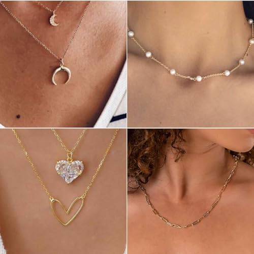 20PCS Gold Plated Choker Necklaces For Women, 14k Gold Plated Dainty Pearl Pendant Simple Chain Necklace Set Gold Layered Necklaces Adjustable Jewelry Gift4