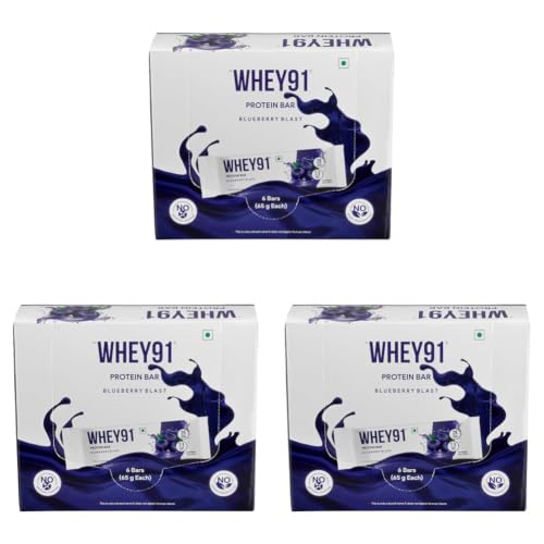 Image of Whey91 Blueberry Blast Protein Bar, 20g Protein & 7.3g Fiber in each, No Added Preservatives, No Artificial Flavour, 390g- (Pack of 18)