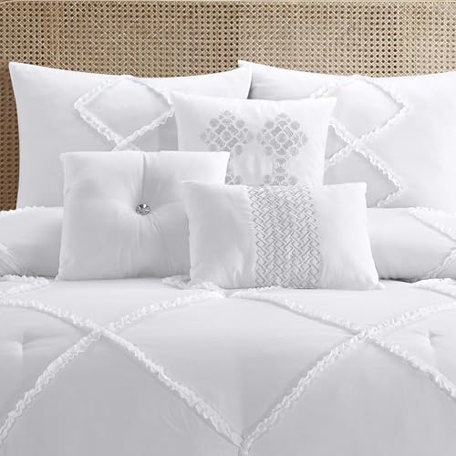 Image of LANCO MODERN LIFESTYLE 7 Pieces White Comforter Set, Queen Size, 3D Clip Jacquard Bedding Set for All Seasons, Ultra Soft and Fluffy, Matching Pilllow Shams, Bedskirt and Decor Pillows