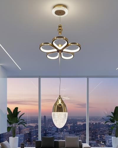 Image of swanart Florilight Modern Crystal Glass Ceiling Light with 3-in-1 Color Changing LED, Adjustable Height (75cm-110cm), Elegant Gold Finish for Home & Office Decor