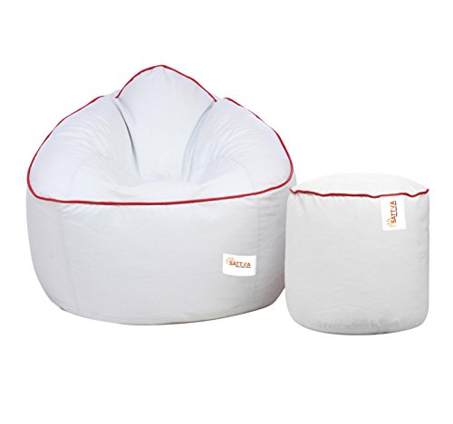 Image of Sattva Combo Muddha Bean Bag Cover and Round Footstool Cover (Without Beans) - (White with Red Piping)