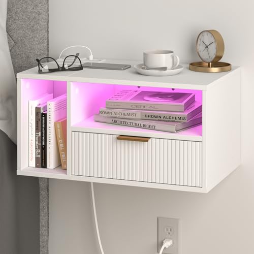 Veegle White Floating Nightstand with Charging Station and LED Lights,White