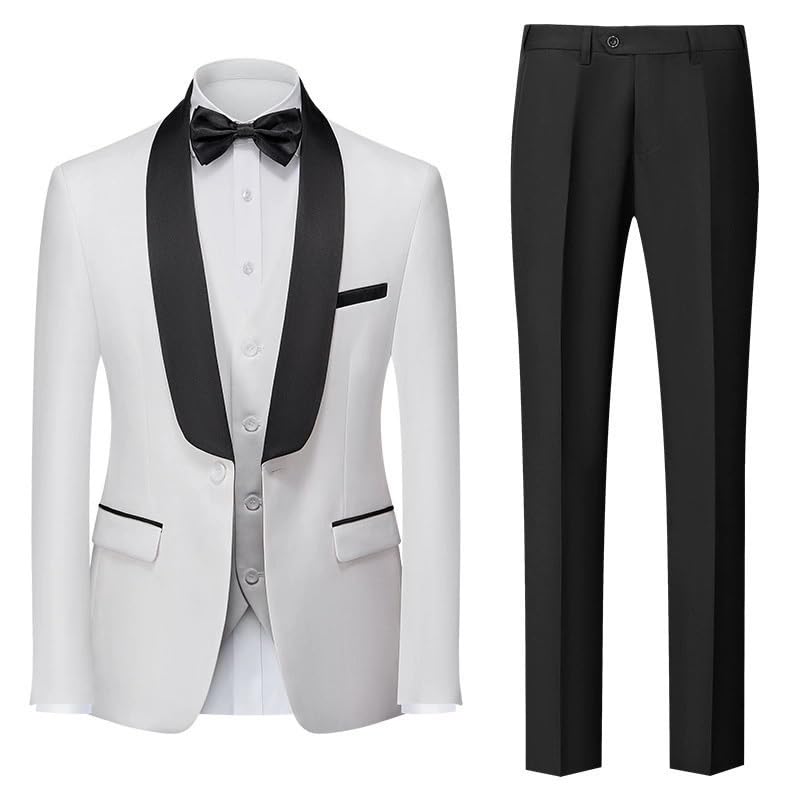 Men’s 3 Piece Slim Fit Formal Business Suit Set Pants Vest Tuxedo for Prom Wedding Dinner Graduation(White,XX-Large)