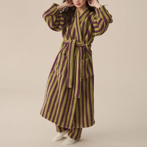 Women's Fuzzy Fleece Long Robe Striped Plush Kimono Warm Thick Fluffy Oversized V Neck Loungewear Maxi Bathrobe4