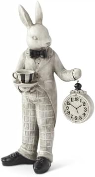 Alice in Wonderland Tea Time Rabbit Figurine, Rabbit Statue with Teacup & Clock, Rabbit Figurine, Wonderland Tea Party, Rabbit with Tea Cup Object-3