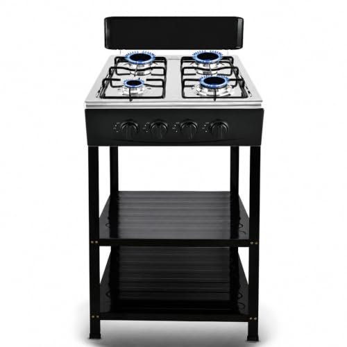 4-Burner Gas Stove with Storage Stand Portable Cooking Range with 3-Tier Shelves Black (With Stand)