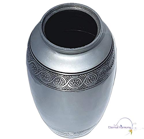 Eternal Harmony Cremation Urn for Human Ashes | Memorial Urn Carefully Handcrafted with Elegant Finishes to Honor and Remember Your Loved One | Adult Urn Large Size with Beautiful Velvet Bag (Silver)