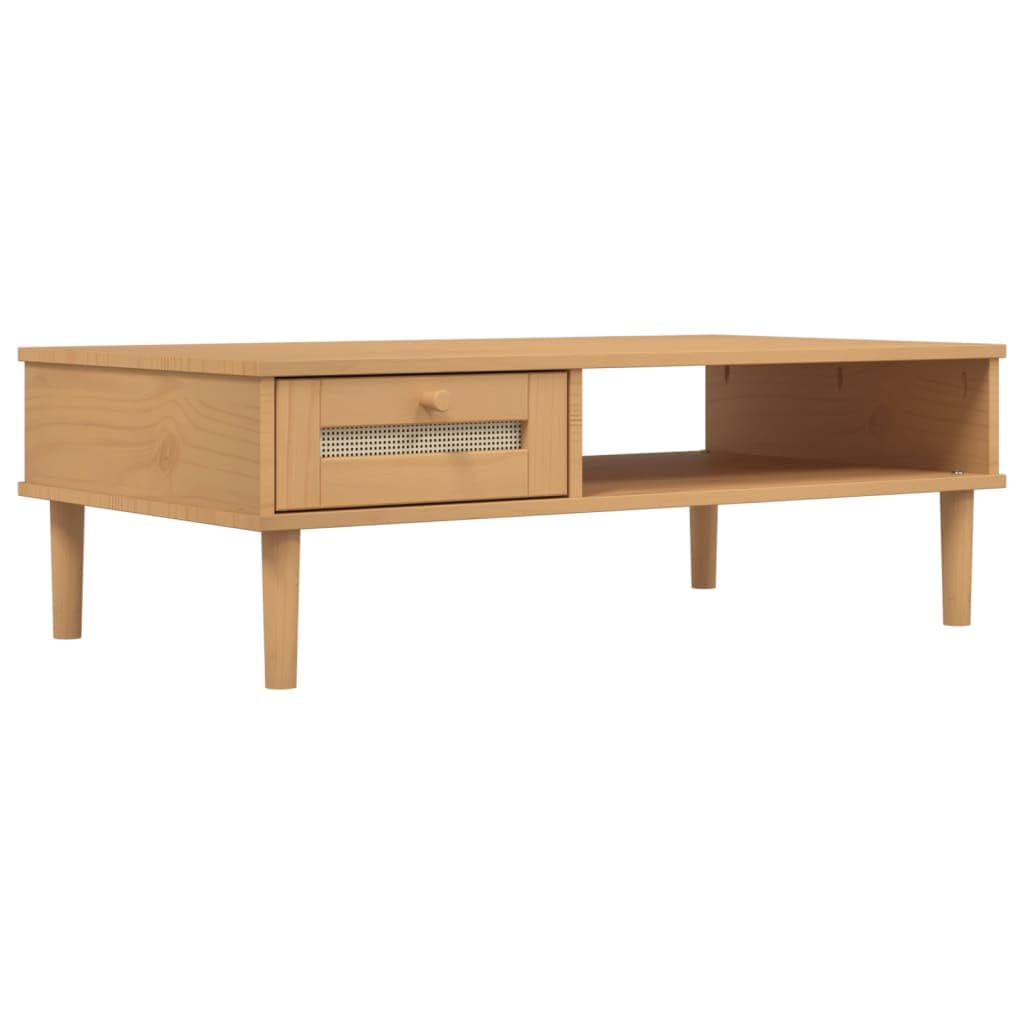 Table basse rectangulaire avec tiroir SENJA en bois de pin marron et rotin 100 cm