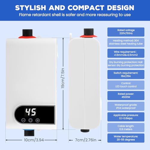 Chauffe-eau électrique tactile 5500W compact avec affichage numérique LCD - 3
