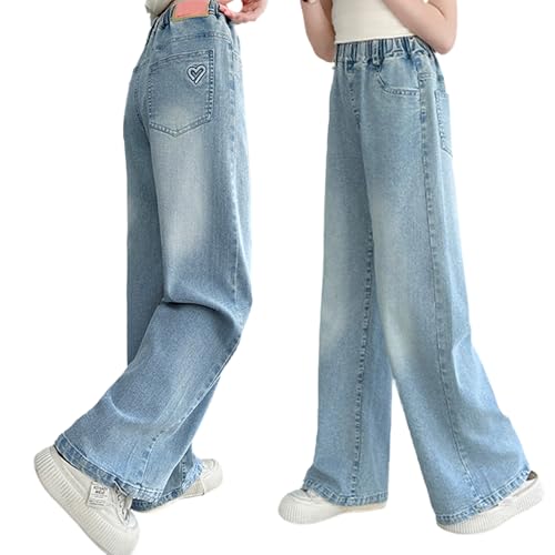 Tween Girls Wide Leg Jeans, Elastic Waistband Casual Denim Pants with Heart-Shaped Embroidery Pockets for Girls