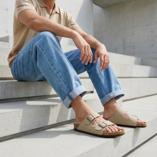 Image of CUSHIONAIRE Lane Cork Footbed Mens Sandals, Adjustable Buckle Comfort Slides for Men, Genuine Leather Insole Summer Sandals Men Footwear