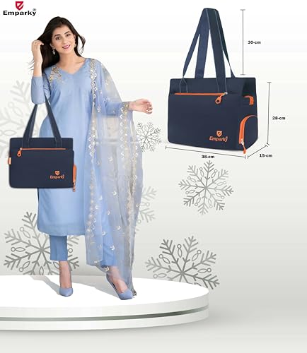 Image of Women Bag, Black with Turquoise Accents, Tote Bag with Multiple Zipper Pockets