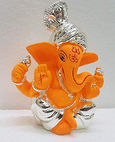 Sawcart Pagdi Ganesha/Ganesh/Ganpati Silver Plated Terracotta Puja Idol Figurine Sculpture Hindu God Of Success, Prosperity, Good Luck & Fortune For Car Dashboard, Temple & Home Décor (Orange) #TOP1