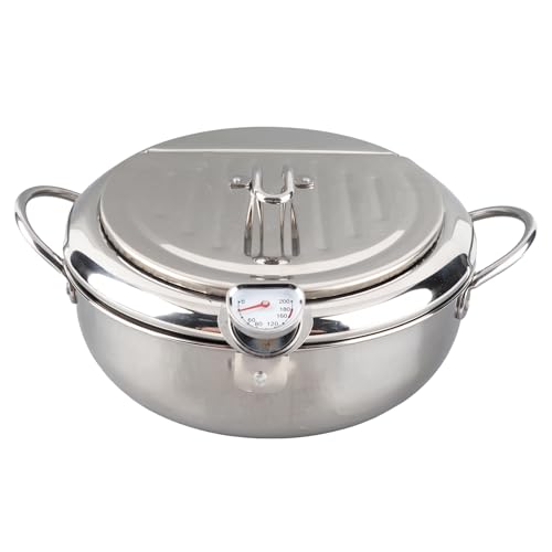 Wifehelper Friteuse Tempura Japonaise Petite Friteuse en Acier Inoxydable avec Couvercle Thermomètre et égouttoir à Goutte D'huile pour Frites (Grande Taille 24cm)