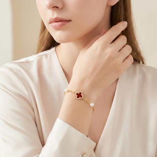 Ningnvshi Clover Bracelet for Women 18K Gold Plated Lucky Four Leaf Clover Charm Bracelet with Shell Pearls and Red Agate Style Stones Elegant Jewelry Gift for Her Wife Mom - Adjustable — view 4