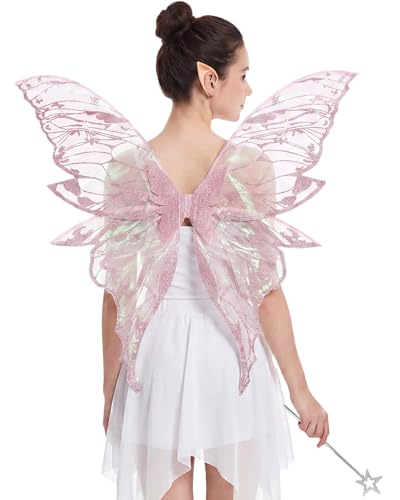 Kutyndrix Fairy Wings for Adult Women 3Pcs Fairy Costume Set with Butterfly Wings and Elf Ears for Halloween Cosplay (Pink)