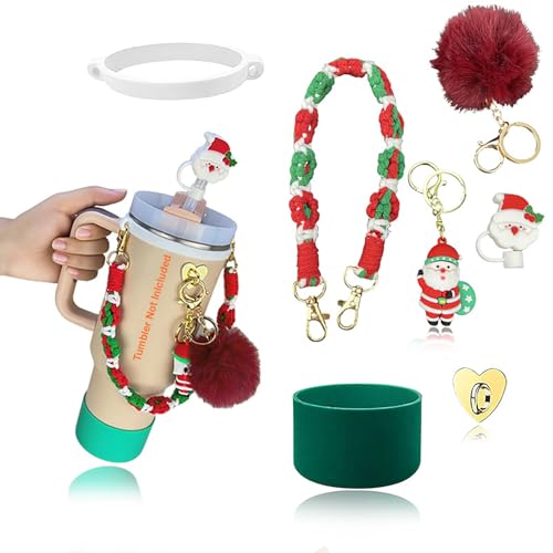Image of House of Quirk 7 PCS Christmas Tumbler Accessories Set for 30oz & 40oz Cups | Silicone Boot, Handle Strap, Straw Cap, Cup Chain,Plush Christmas Key Pendant (Santa, Tumbler Not Included)