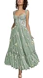 Loyeloy Sage Tulle Corset Prom Dresses for Teens Tea Length Flower Embroidery 2025 Deep V Illusion Neckline A Line Sleeveless Formal Evening Party Gown for Women US4