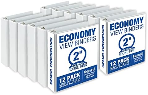 Samsill Economy 2 Inch 3 Ring Binder, Made in the USA, Round Ring Binder, Customizable Clear View Cover, White, 12 Pack (MP128567)