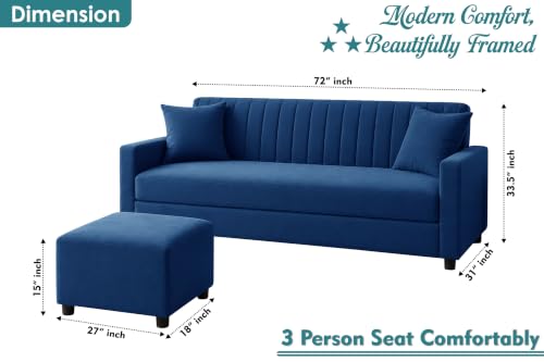 Image of 3 Seater Wooden Sofa Set with Ottoman for Living Room | Premium Velvet Fabric Wooden Frame | Modern Design | Comfortable Cushioned Sofafor Home, Office & Lounge | Blue