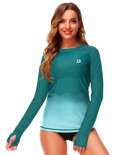 Image of Deerose Womens Gradient Rash Guard UPF 50+ Swim Shirts Surfing Top with Thumb Hole