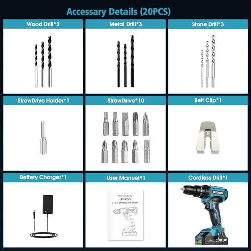 Taladro Atornillador Bateria 21V, LEEIKOO Atornillador Electrico con 2.0Ah Batería, 42Nm, 18+1 Ajuste de Par, 20 Accesorios, 2 Velocidad, LED Luz Para Hogar, Bricolaje, Azul - imagen 8