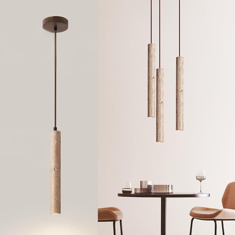 LYMSXAZOU Modern Minimalist Stone Pendant Light Cylinder Yellow Travertine Hanging Lamp with Wood Accent Base Adjustable Cord Ambient Chandelier for Bedroom Living Room Hallway