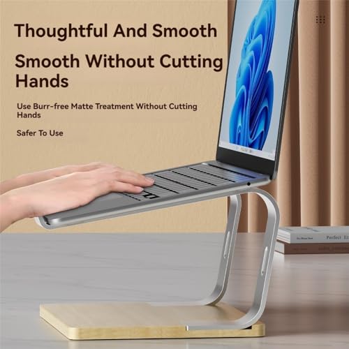 Supporto ergonomico per laptop con rialzo in alluminio e base in legno per uso da scrivania