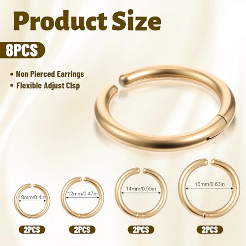 8 Pieces Clip on Earrings Gold Non-Piercing Fake Hoops for Men Women Cool Stainless Steel Clip on Earring Unisex Hoop Ear Clips Gifts Set Four Pairs of Different Sizes2
