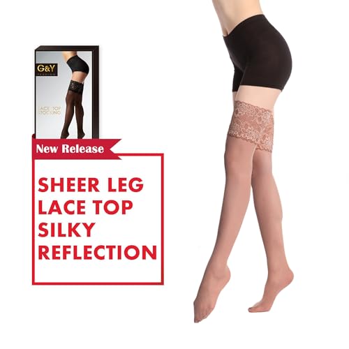 Image of G&Y Thigh High Stockings with Silicone - 15D Sheer Lace Top Nylon Stay Up Pantyhose for Women