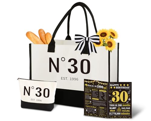 30th Birthday Gift Set for Women N30 EST. 1996 Canvas Tote Bag Makeup Bag & Birthday Card Turning 30 Gift for Her 30th BDay Present for Mum Friend Sister