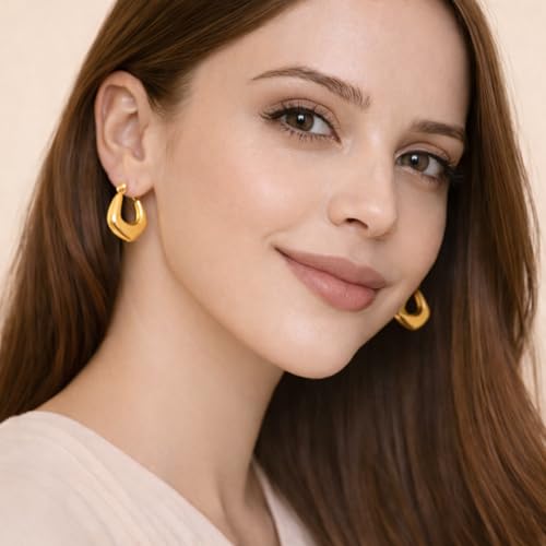 Image of KIMTI Gold Plated Hoop Earrings for Women - 18K Gold Plated Round Chunky Hoops | Lightweight Anti Tarnish Hypoallergenic Korean Style | Daily Wear Earrings for Girls and Women
