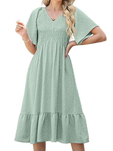 GRECERELLE Womens Summer Casual Midi Maxi Dress V Neck Flared Sleeve Elastic Waist Cocktail Long Dresses for Women (Light Green, L)