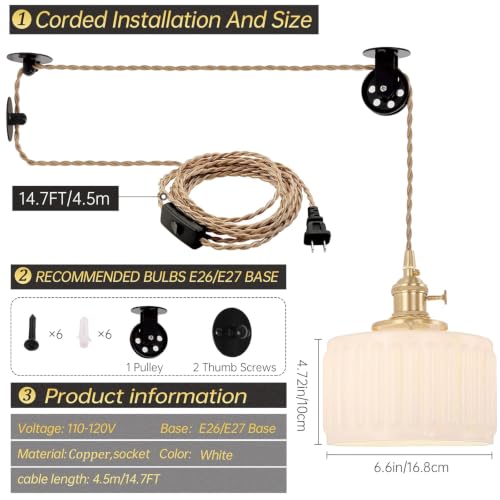 Image of Shenmoyl Plug in Pendant Light Hanging Light Fixture Corded On /Off Switch Brass Pendant Light with White Striped Glass Lampshade for Bedroom Living Room Kitchen Island