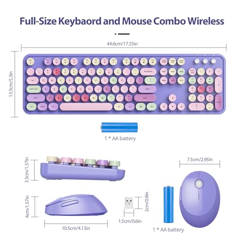 Image of Fogruaden Purple Keyboard and Mouse Wireless, Retro Typewriter Keyboard, 2.4GHz 104 Keys Full Size Cute Keyboard with Number Pad, Purple Colorful Keyboard with Round Keycap for Windows PC Laptop