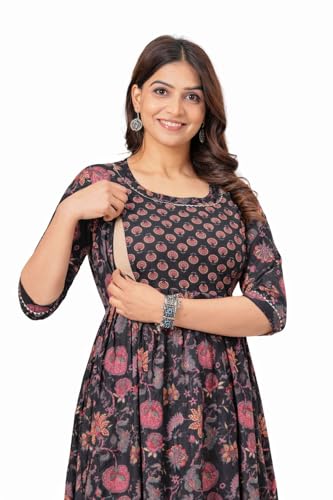 Image of The Moon Star Women's Cotton Floral Printed Anarkali Maternity Feeding Kurti | Breastfeeding Dress for Mothers | Zipper Feeding Kurti, Nursing Kurti, Comfortable and Trendy Maternity Wear