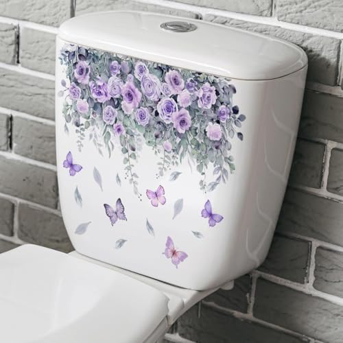 Autocollants botaniques pour salle de bain avec roses violettes, décalques imperméables et amovibles pour décoration de abattant de toilettes, motif floral,...