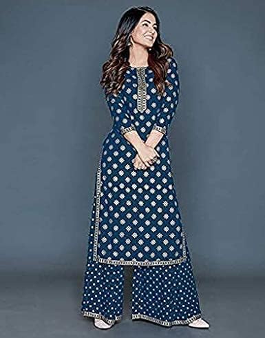 Image of Women Rayon Straight Golden Foil Printed Kurta with Palazzo || Kurti with Palazzo Set for Casual Party & Festival Wear in Round Neck with 3 /4 Sleeve for Girls