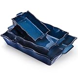 Peohud 3 Pack Casserole Dishes for Oven, Ceramic Baking Dishes with Handles, Heavy Duty Rectangular Lasagna Pan, Porcelain Bakeware Sets for Cooking, Cake Dinner, Kitchen, Blue