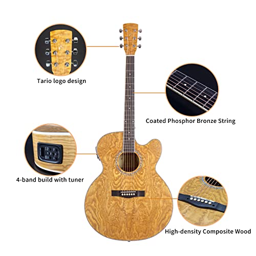 Tario 41'' Acoustic Electric Cutaway Guitar Antique Jumbo Body Curly Ash Body Okoume Neck Natural #TOP3