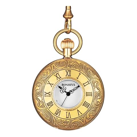 BOSHIYA Men's Antique Roman Vintage Full Copper Japan Quartz Pocket & fob Watches with Chain Gift Box Cover