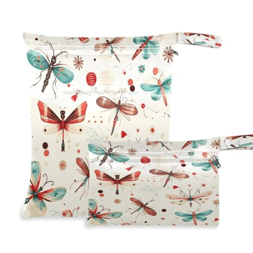 ATTX Dragonfly Pattern Wet Dry Bags 2-Pack - Reusable Cloth Diaper Storage for Travel, Beach & Gym | Multi-Use Waterproof Bags for Swimsuits, Baby Clothes, Sports Gear#521