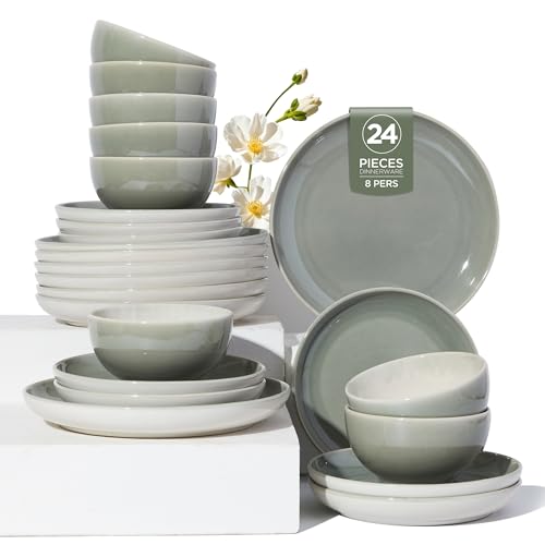 Image of Pokini Plates and Bowls Sets for 8, 24 Piece Dinnerware Set for Large Families & Entertaining, Elegant Design, Dishwasher & Microwave Safe, Chip Resistant and Durable, Gray Green