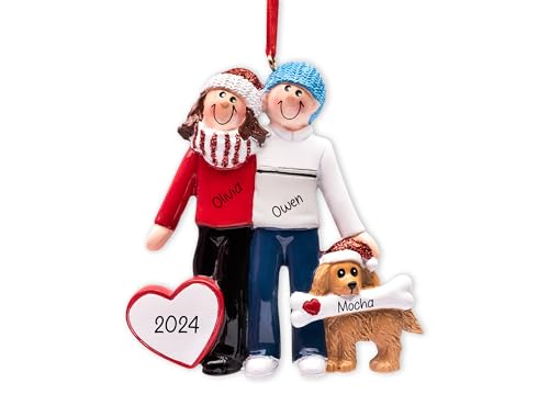 Uniqxmas Personalized Couple with Dog Christmas Ornament 2025 | Family of 2 with Puppy Xmas Tree Decoration - Our First Christmas with Brown Puppy, New Dog Keepsake Gift | Custom Name & Year