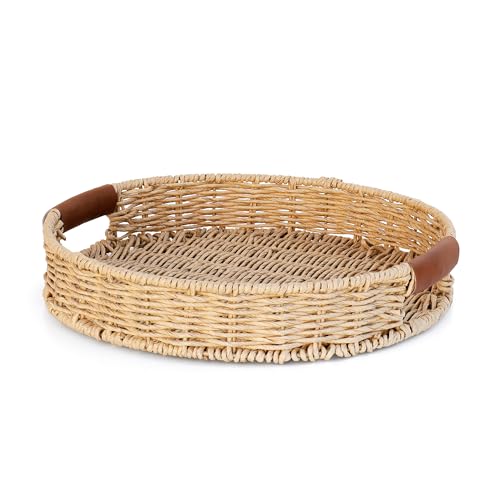 Summit Living Rattan Organizer with Leather Handles – Decorative Wicker for Home Decor – Versatile Storage & Serving Solution for Kitchen and Living Room (Round-14IN)