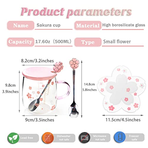 Zragek Sakura Mug Creative Sakura Cup Coaster, Office Drinking Cup With Scale, Cute Heat Resistant Glass Mug With Lid Spoon, 17.6 Oz Large Capacity(Small Flower,17.6Oz) #TOP6